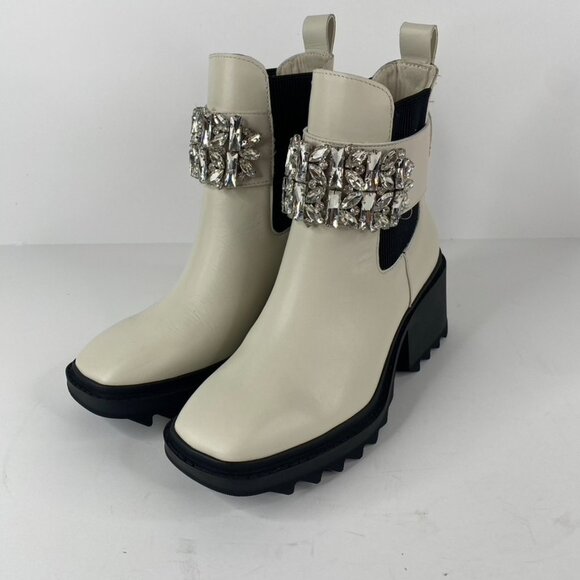Karl Lagerfeld Paris Ivory Chunky Heel Embellished Platform Combat Boot Size 7.5 - Picture 3 of 11